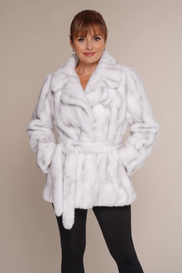 Art 6507 | Pelzjacke | Kunstpelz | hellgrau | weiß | Gurt | Winter | 44. DE-GR