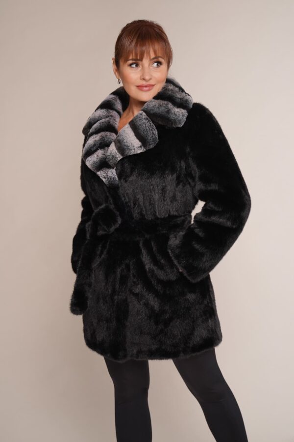 Art 6525 | Pelzjacke | Kunstpelz | schwarz | Chinchilla | Gurt | Winter | 36, 38, 42, 44. DE-GR