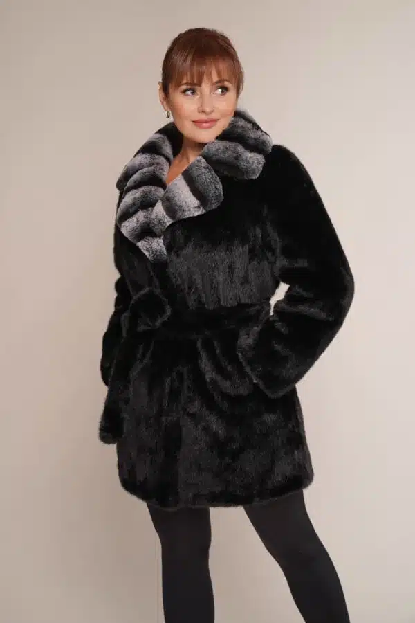 Art 6525 | Pelzjacke | Kunstpelz | schwarz | Chinchilla | Gurt | Winter | 36, 38, 42, 44. DE-GR