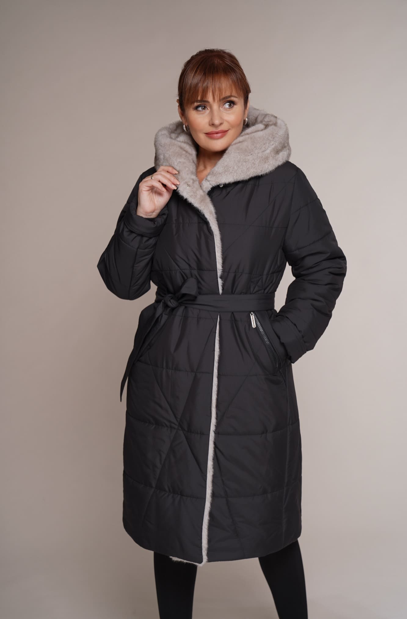 Art 691 | Wintermantel | Kunstpelz | schwarz | Damen | Kamelwolle | 42. DE-GR