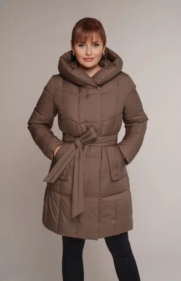 Art 7036 | Wintermantel | Damen | braun | mittellang | Gurt | Kapuze | 44. DE-GR
