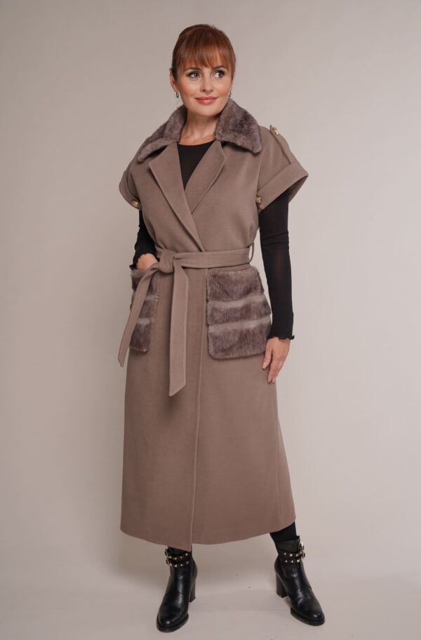 Art 986 | Mantel | Weste | Wolle | Kaschmir | Kunstpelz | beige | LANG | 42, 44, 46, 48, 50. DE-GR