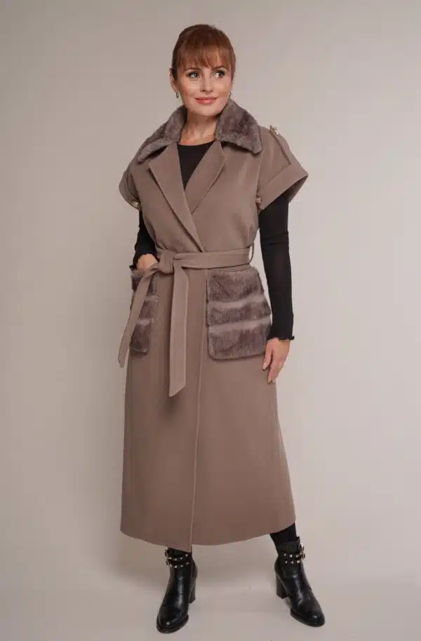 Art 986 | Mantel | Weste | Wolle | Kaschmir | Kunstpelz | beige | LANG | 42, 44, 46, 48, 50. DE-GR