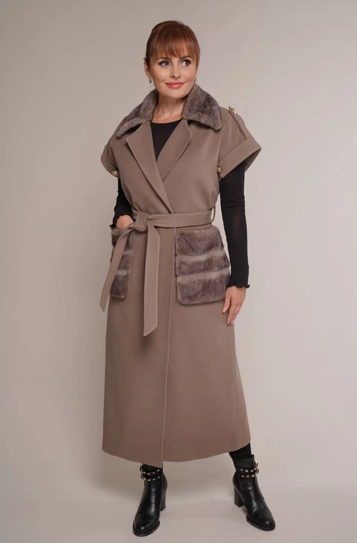 Art 986 | Mantel | Weste | Wolle | Kaschmir | Kunstpelz | beige | LANG | 42, 44, 46, 48, 50. DE-GR