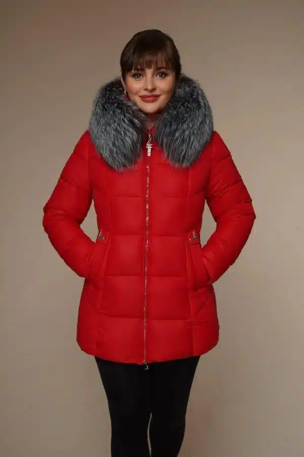 Art 100 | Winterjacke | Damen | rot | tailliert | Silberfuchs | 42. DE-GR